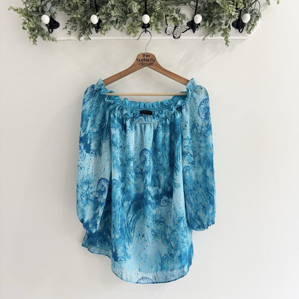 White House Black Market Off The Shoulder Seashell Print Watercolor Blouse Large